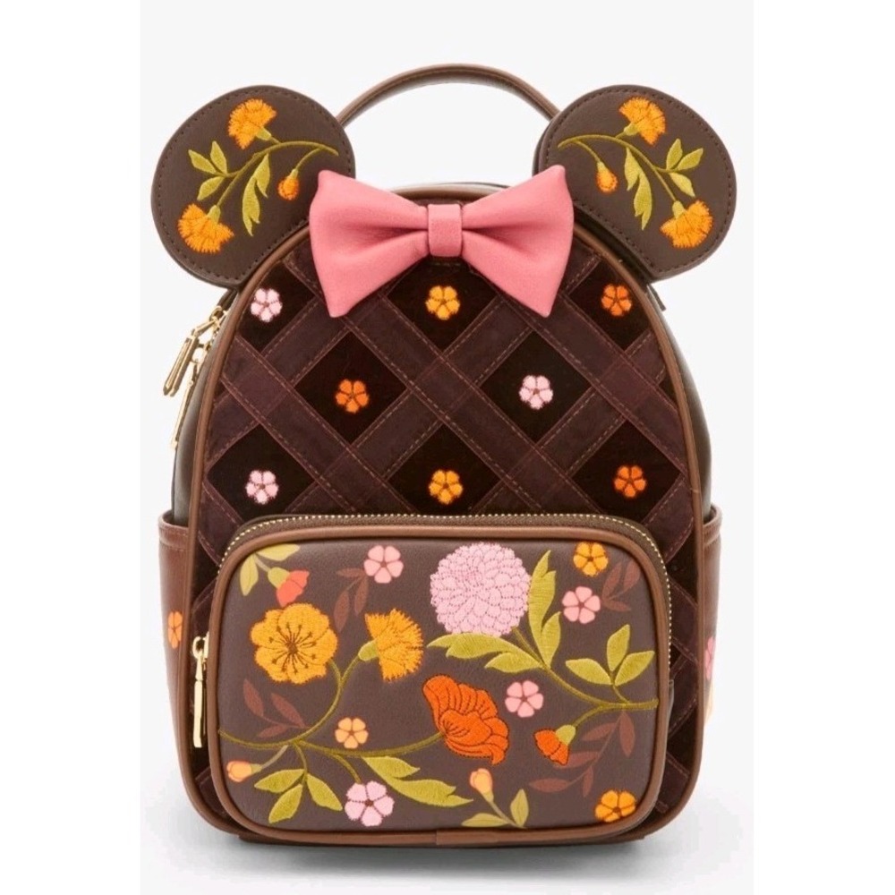NWT Disney Minnie Mouse Velvet Floral Interchangeable Ears Backpack & WALLET SET - Picture 2 of 11